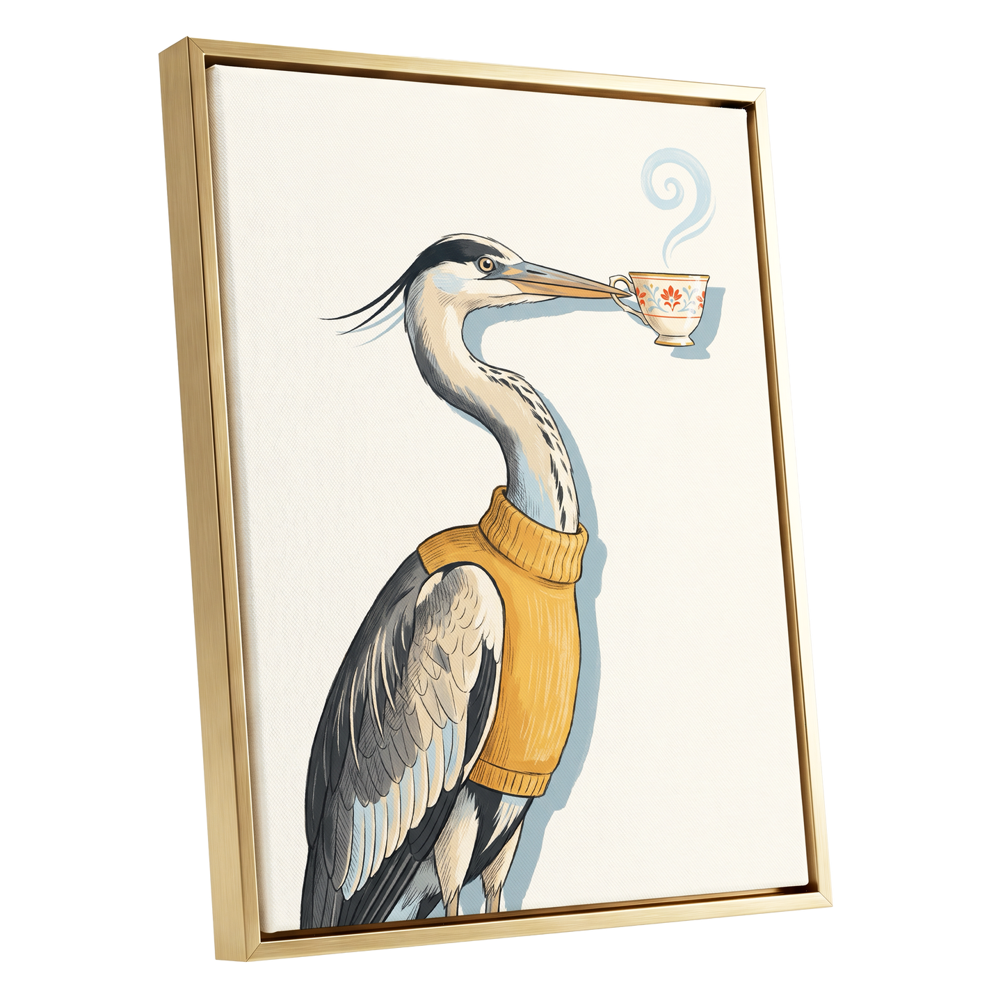 Tea for the Heron, beige, black, gold nature wall art shown as a gold framed canvas wall art