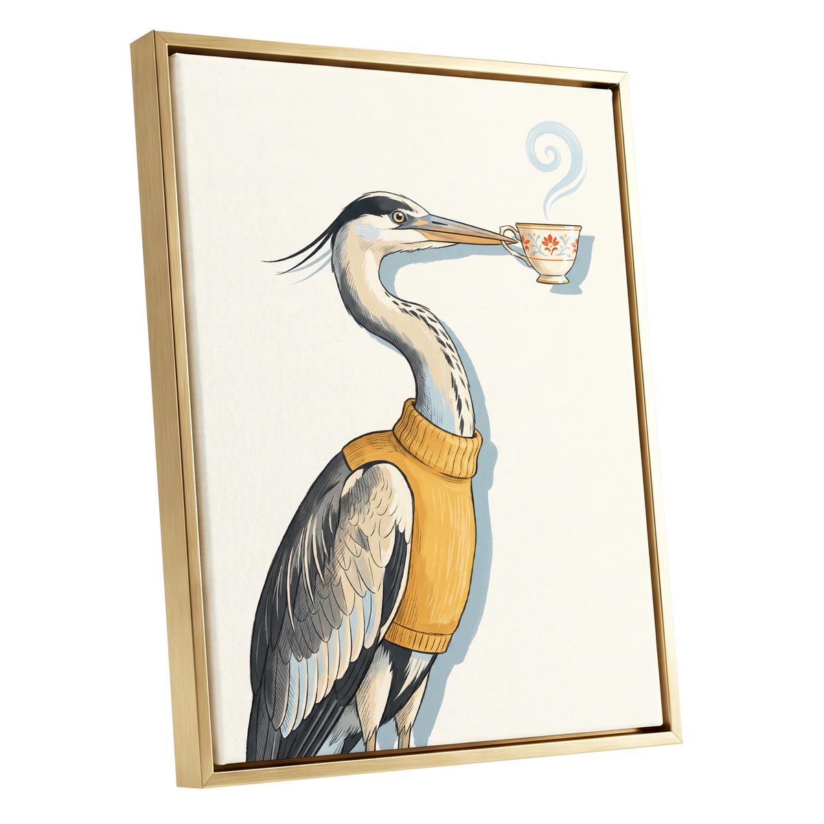 Tea for the Heron, beige, black, gold nature wall art shown as a gold framed canvas wall art