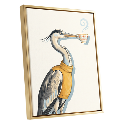 Tea for the Heron, beige, black, gold nature wall art shown as a gold framed canvas wall art