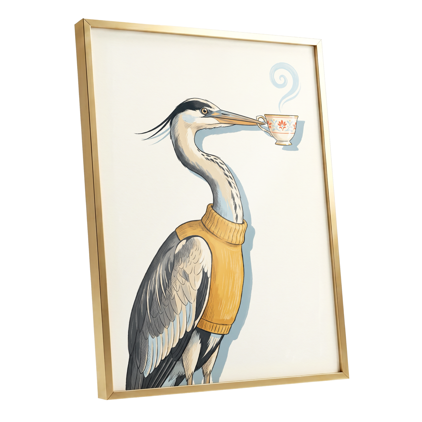 Tea for the Heron, beige, black, gold nature wall art shown as a gold framed poster wall art print