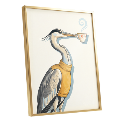 Tea for the Heron, beige, black, gold nature wall art shown as a gold framed poster wall art print