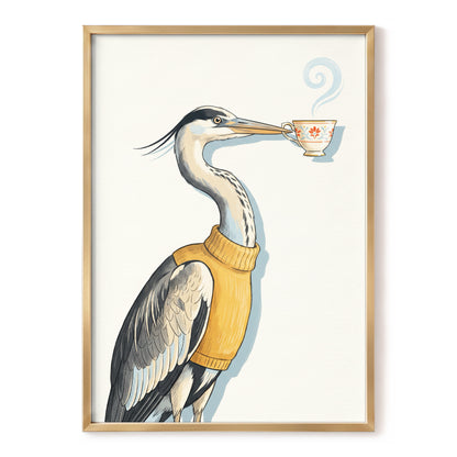 Tea for the Heron, beige, black, gold nature wall art, front artwork view