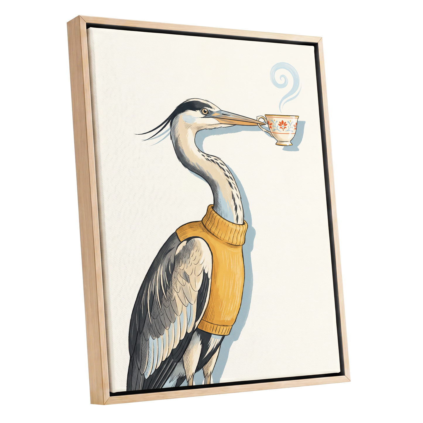 Tea for the Heron, beige, black, gold nature wall art shown as a oak framed canvas wall art