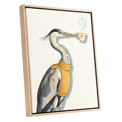 Tea for the Heron, beige, black, gold nature wall art shown as a oak framed canvas wall art