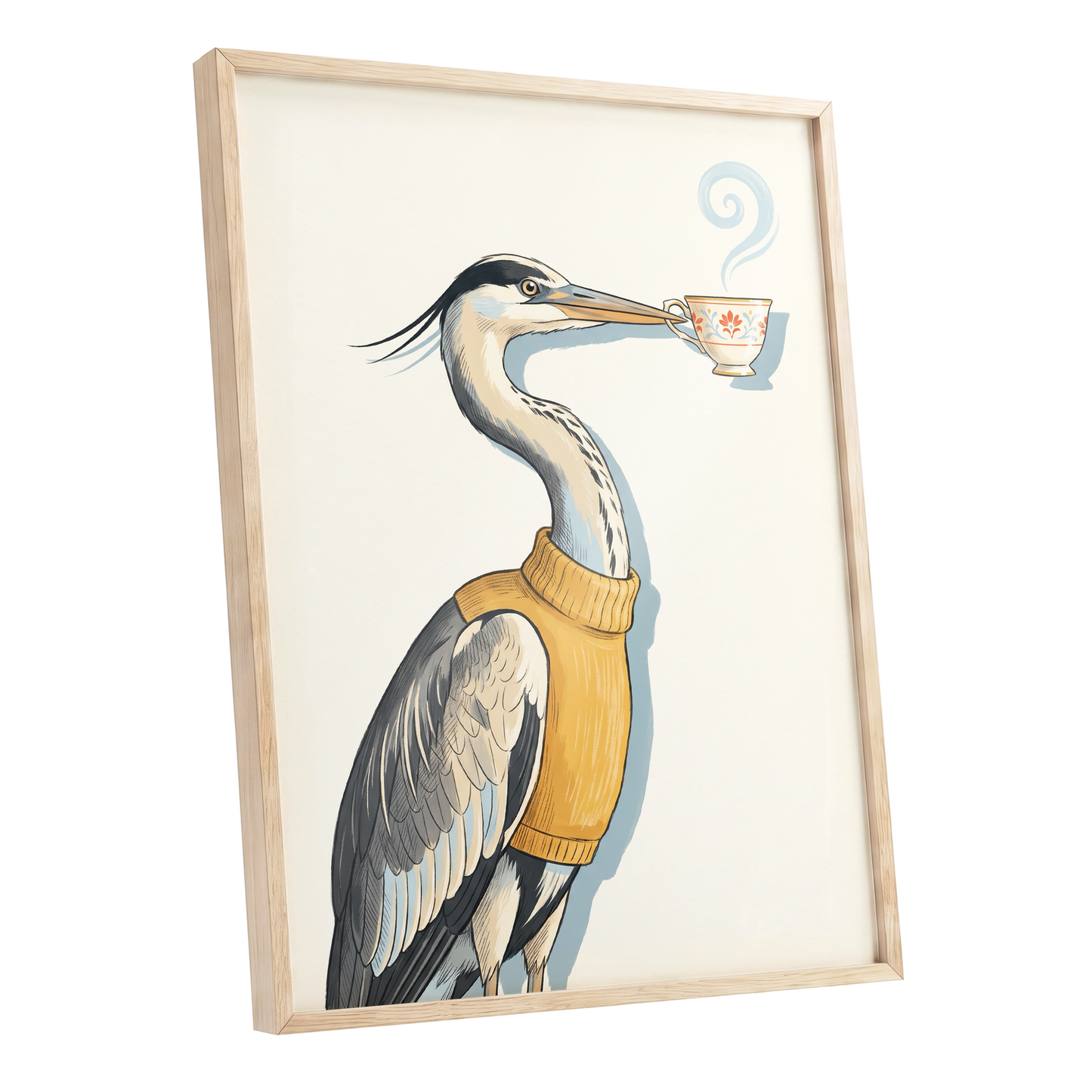 Tea for the Heron, beige, black, gold nature wall art shown as a oak framed poster wall art print
