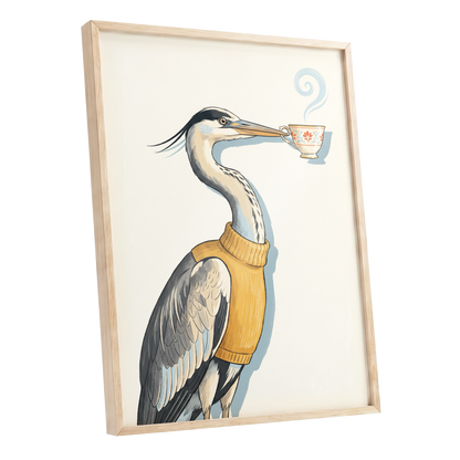 Tea for the Heron, beige, black, gold nature wall art shown as a oak framed poster wall art print