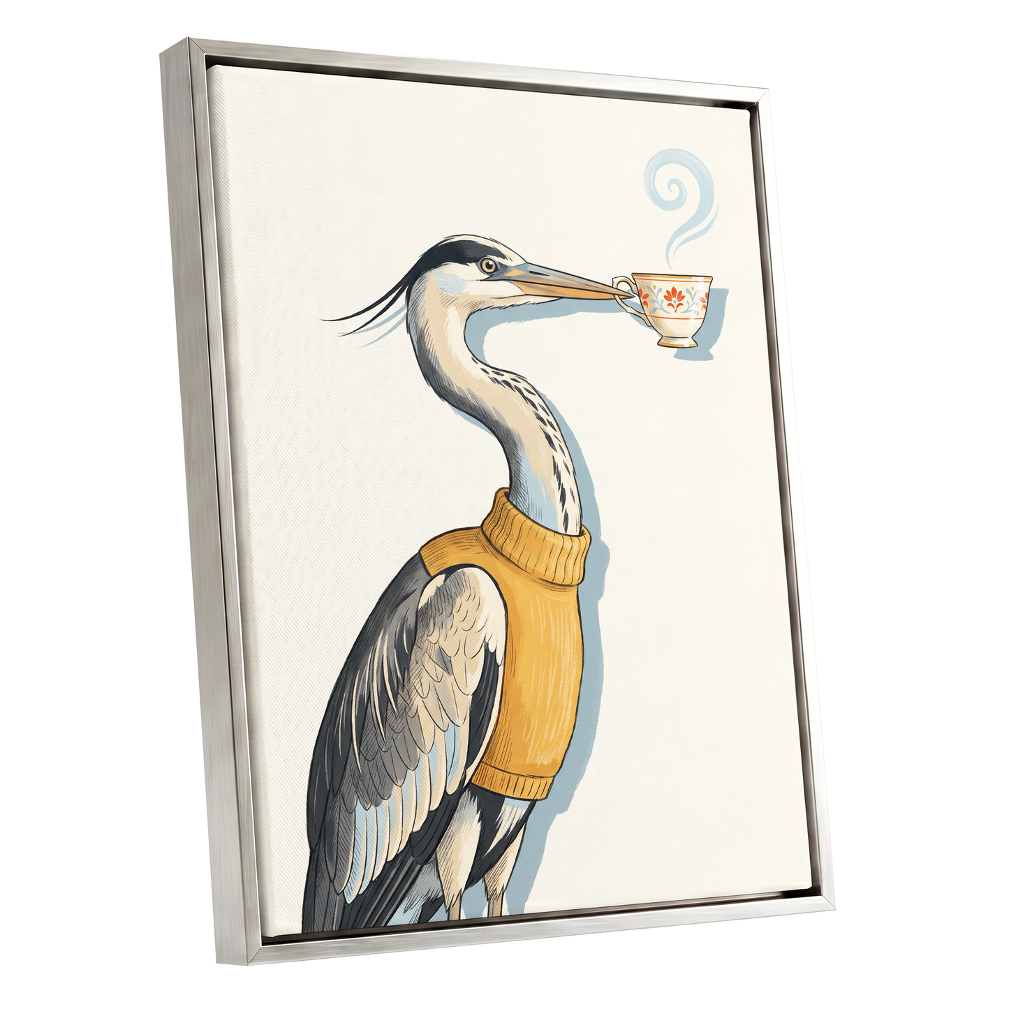 Tea for the Heron, beige, black, gold nature wall art shown as a silver framed canvas wall art
