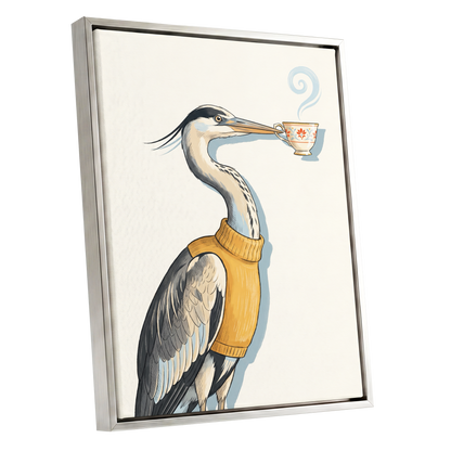 Tea for the Heron, beige, black, gold nature wall art shown as a silver framed canvas wall art