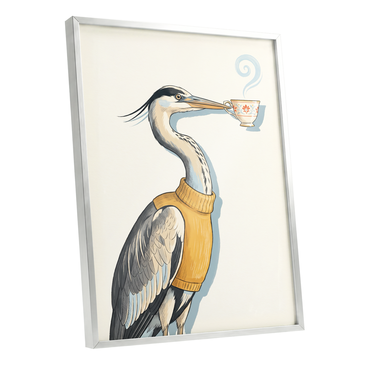 Tea for the Heron, beige, black, gold nature wall art shown as a silver framed poster wall art print
