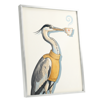 Tea for the Heron, beige, black, gold nature wall art shown as a silver framed poster wall art print