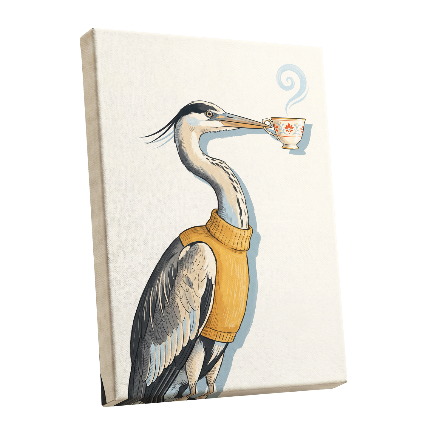 Tea for the Heron, beige, black, gold nature wall art shown as a stretched canvas wall art