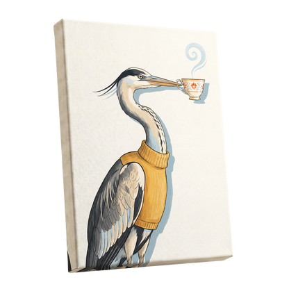 Tea for the Heron, beige, black, gold nature wall art shown as a stretched canvas wall art