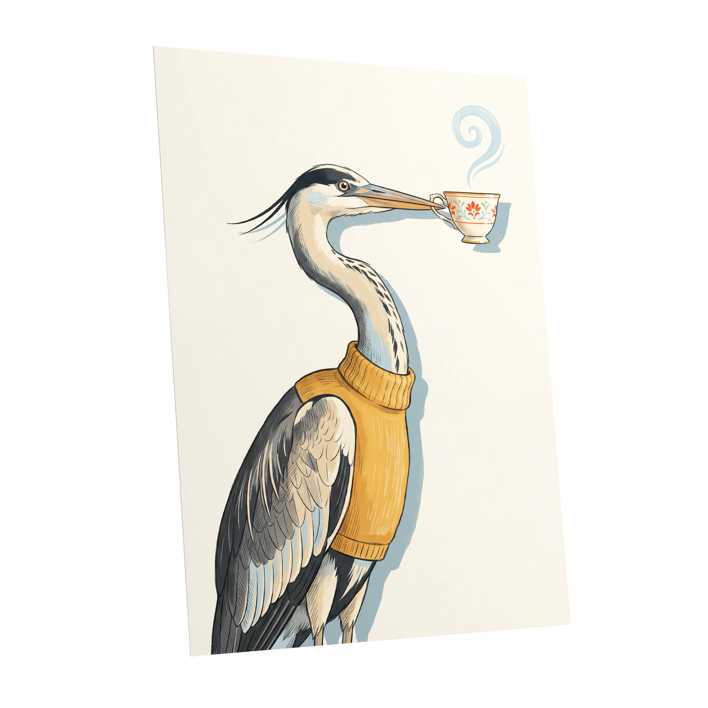Tea for the Heron, beige, black, gold nature wall art shown as a unframed poster wall art print