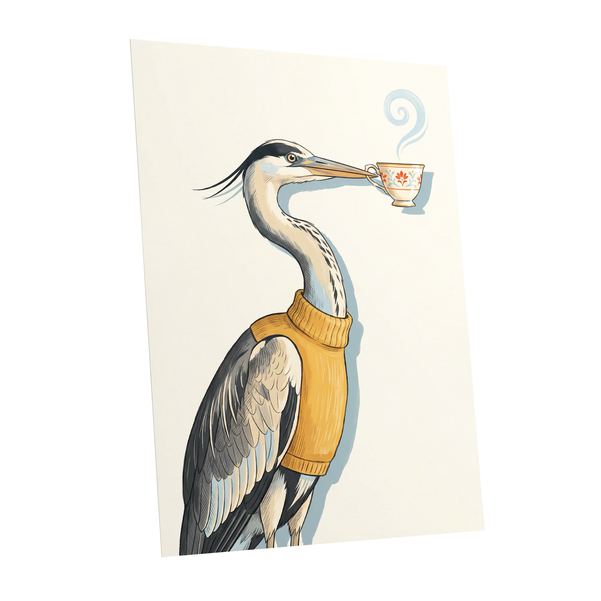 Tea for the Heron, beige, black, gold nature wall art shown as a unframed poster wall art print