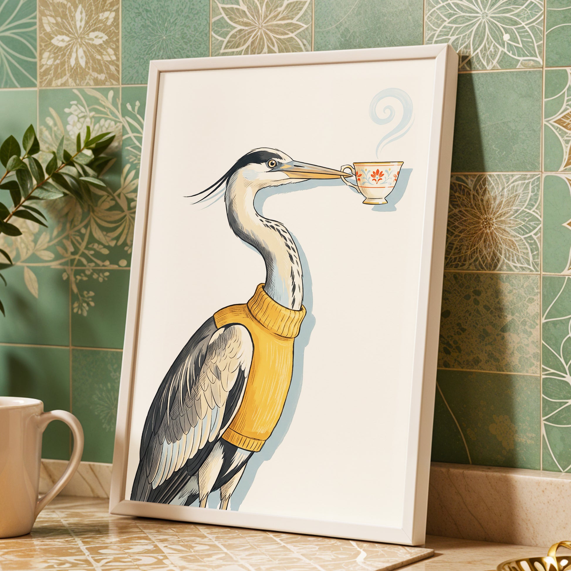 Tea for the Heron, beige, black, gold nature wall art displayed in a styled interior, gallery view 2