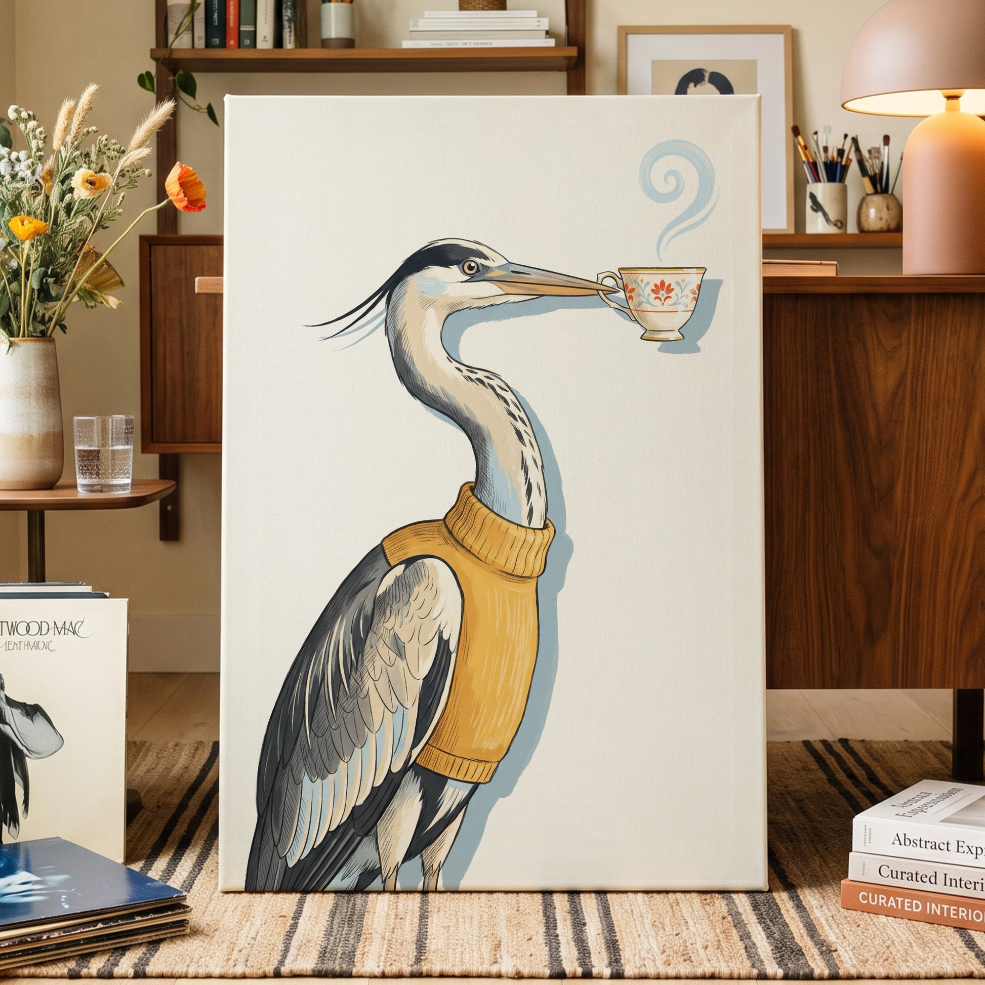 Tea for the Heron, beige, black, gold nature wall art displayed in a styled interior, gallery view 3