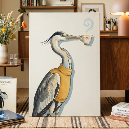 Tea for the Heron, beige, black, gold nature wall art displayed in a styled interior, gallery view 3