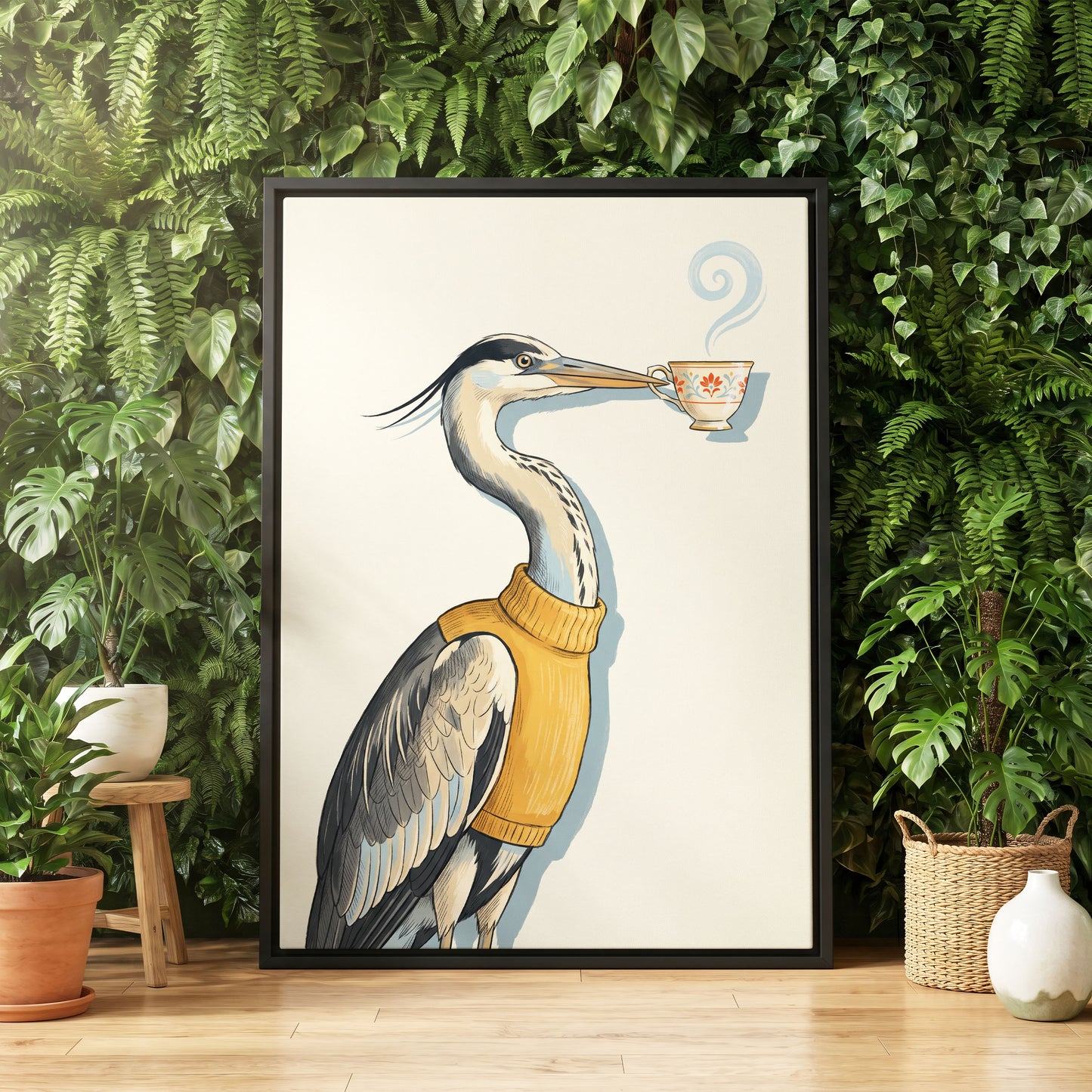 Tea for the Heron, beige, black, gold nature wall art displayed in a styled interior, gallery view 4