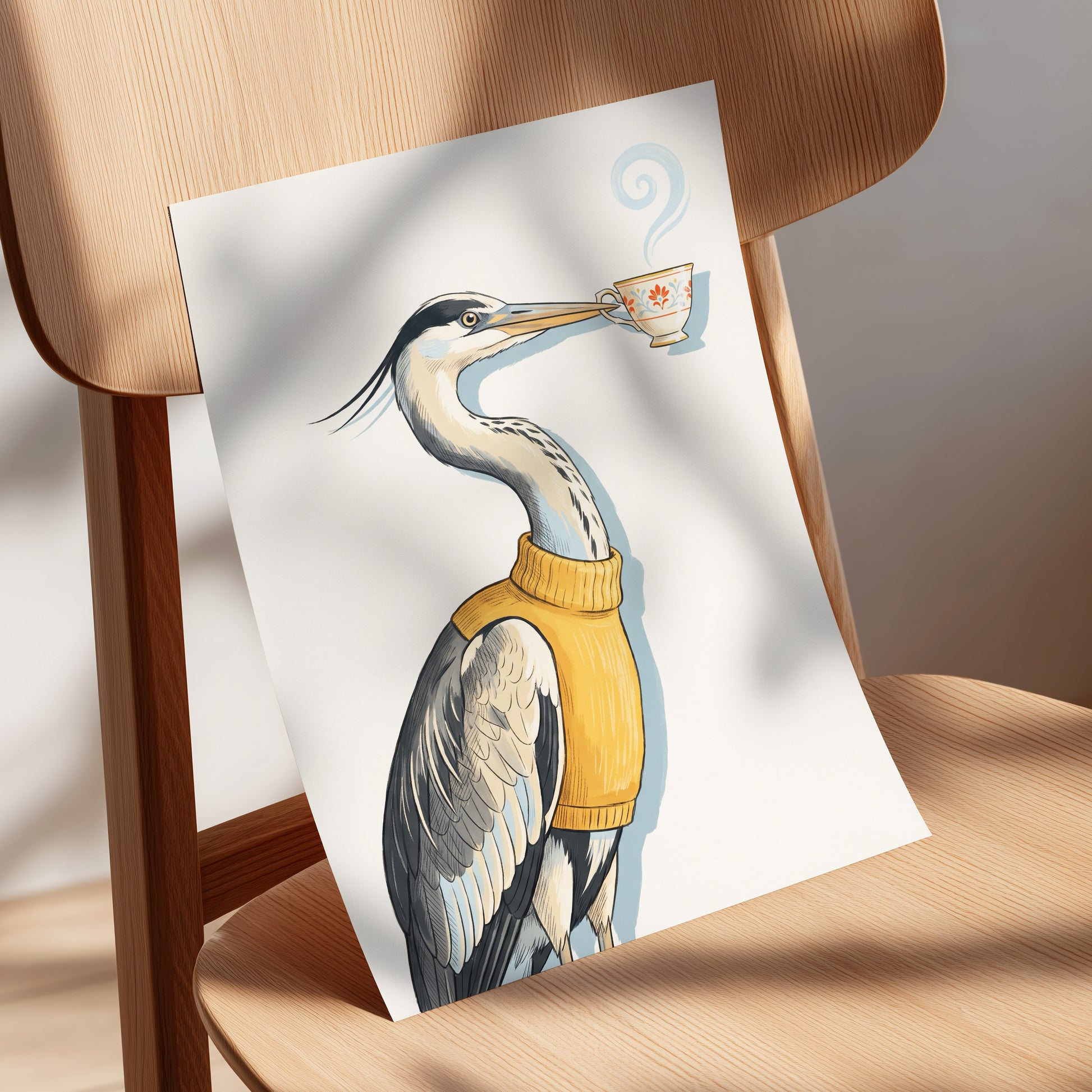 Tea for the Heron, beige, black, gold nature wall art displayed in a styled interior, gallery view 5