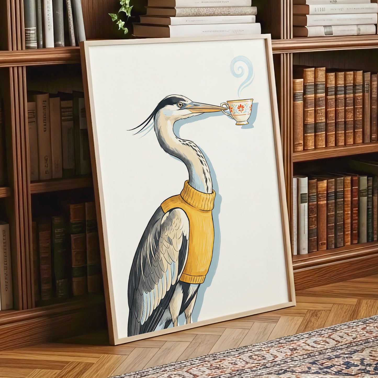 Tea for the Heron, beige, black, gold nature wall art displayed in a styled interior, gallery view 6