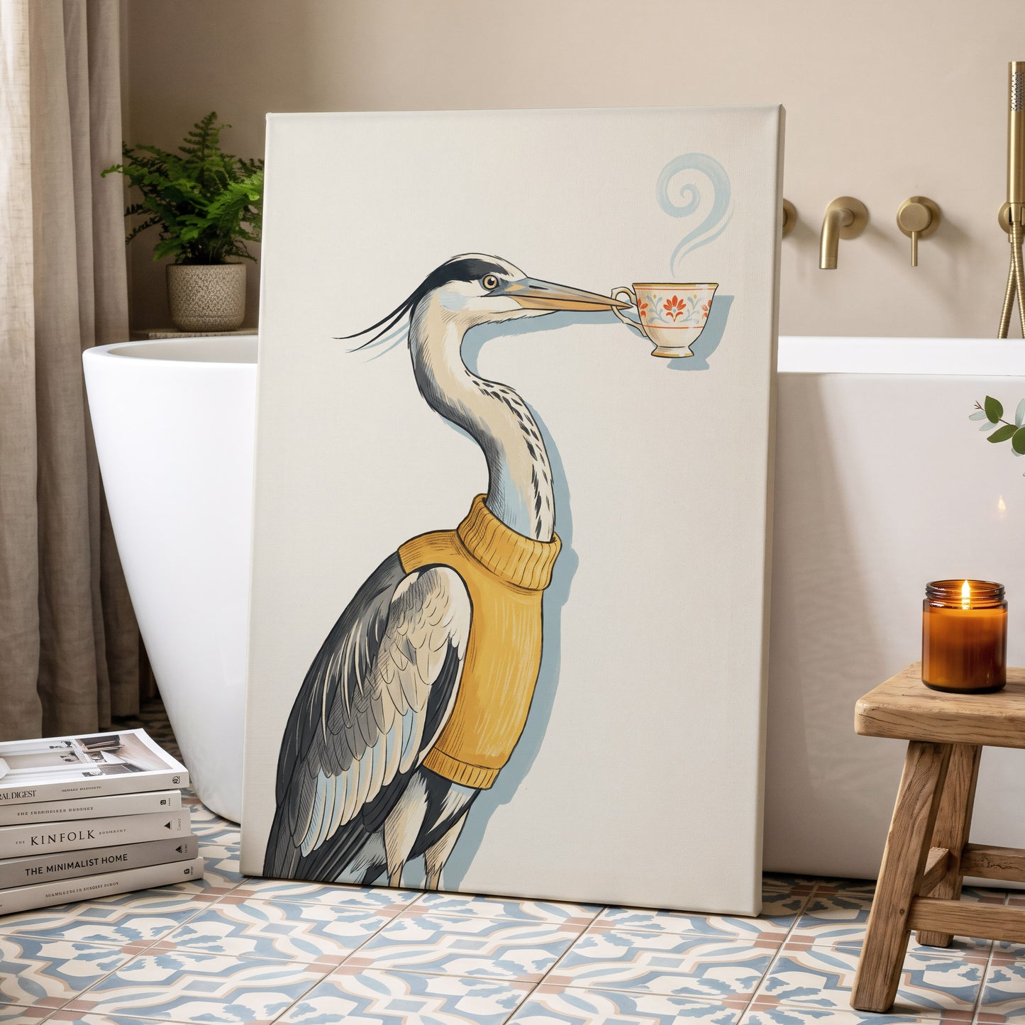 Tea for the Heron, beige, black, gold nature wall art displayed in a styled interior, gallery view 7