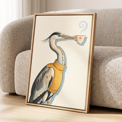 Tea for the Heron, beige, black, gold nature wall art displayed in a styled interior, gallery view 8