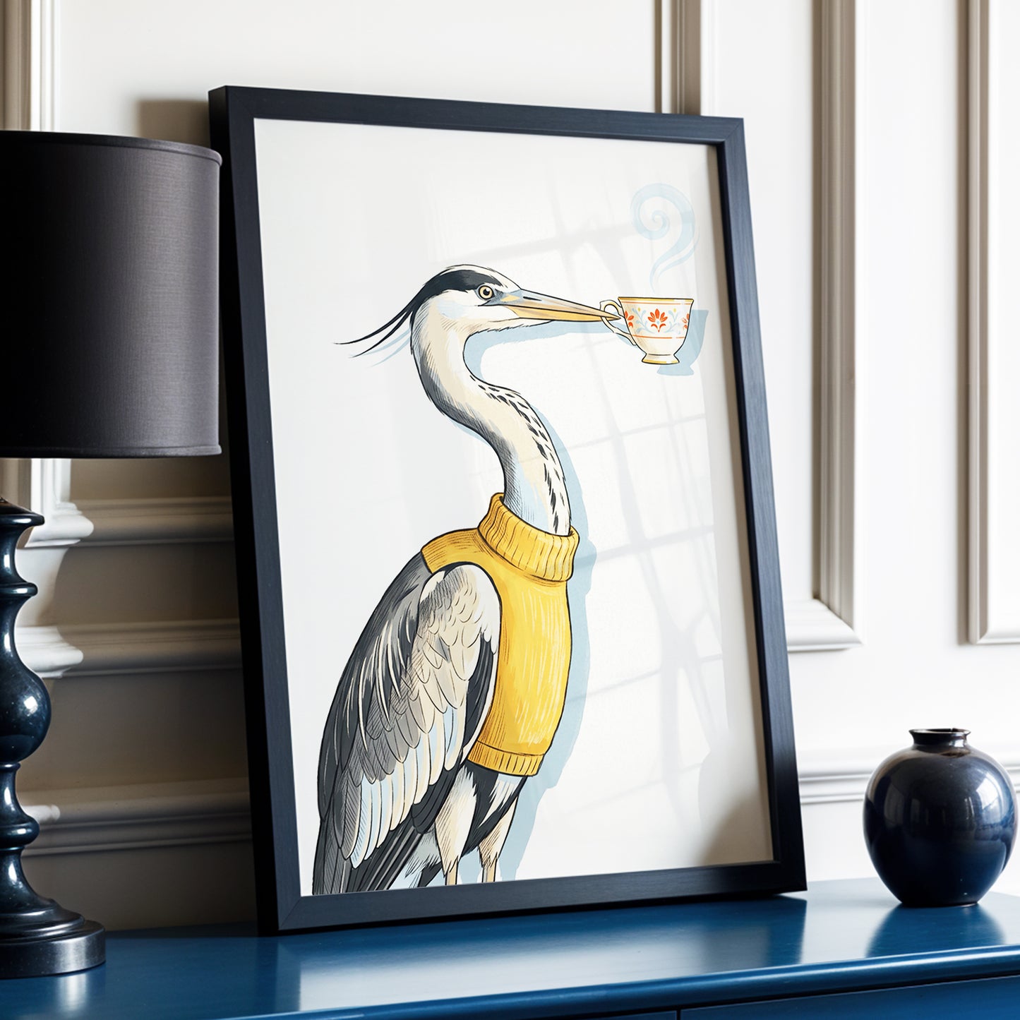 Tea for the Heron, beige, black, gold nature wall art displayed in a styled interior, gallery view 9