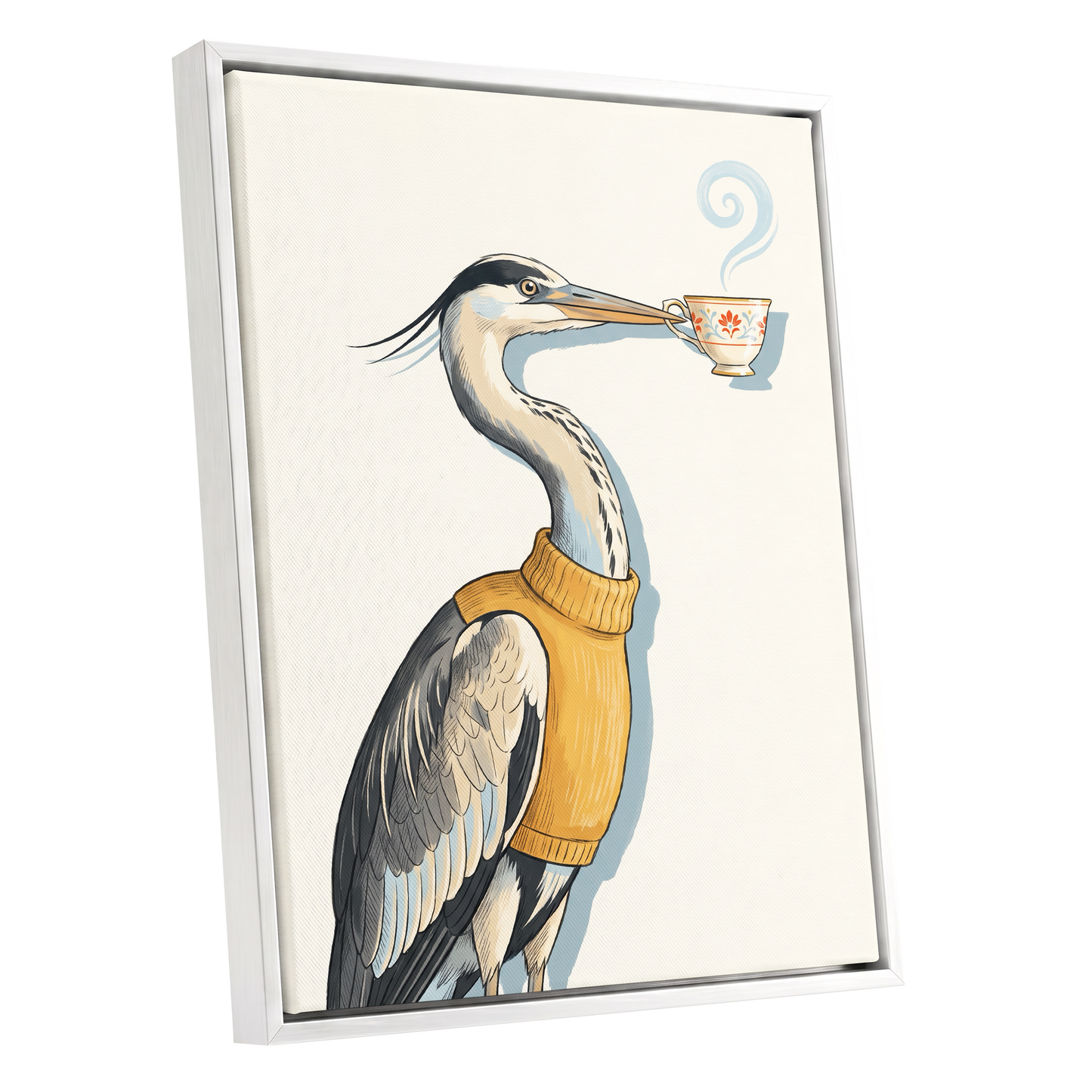 Tea for the Heron, beige, black, gold nature wall art shown as a white framed canvas wall art