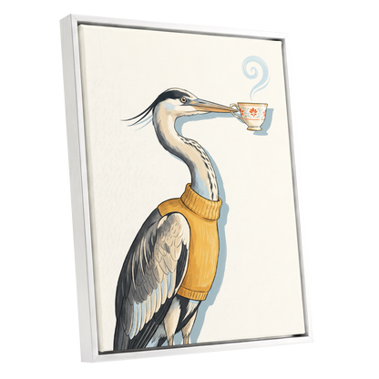 Tea for the Heron, beige, black, gold nature wall art shown as a white framed canvas wall art