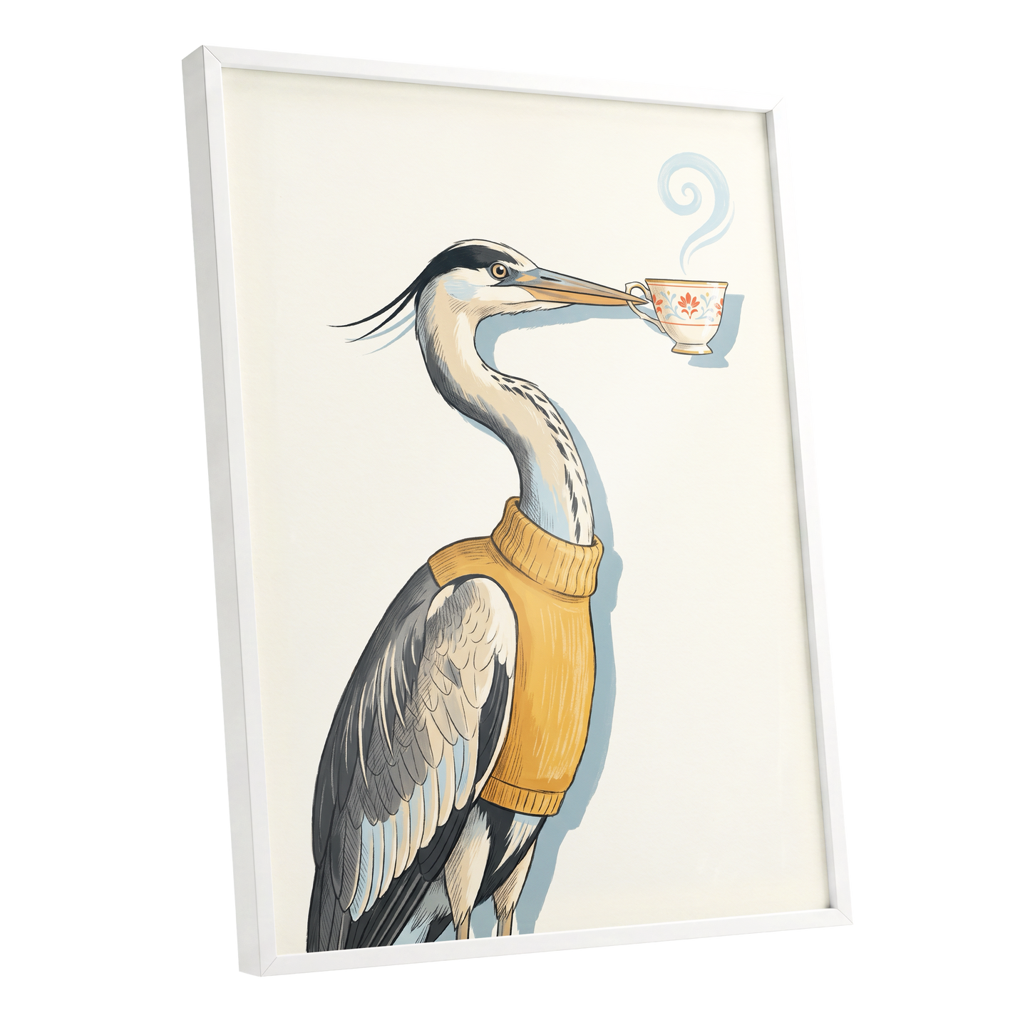 Tea for the Heron, beige, black, gold nature wall art shown as a white framed poster wall art print