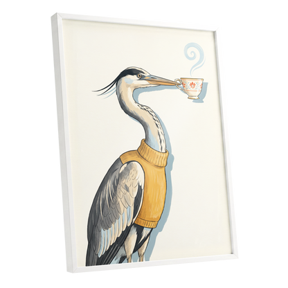 Tea for the Heron, beige, black, gold nature wall art shown as a white framed poster wall art print