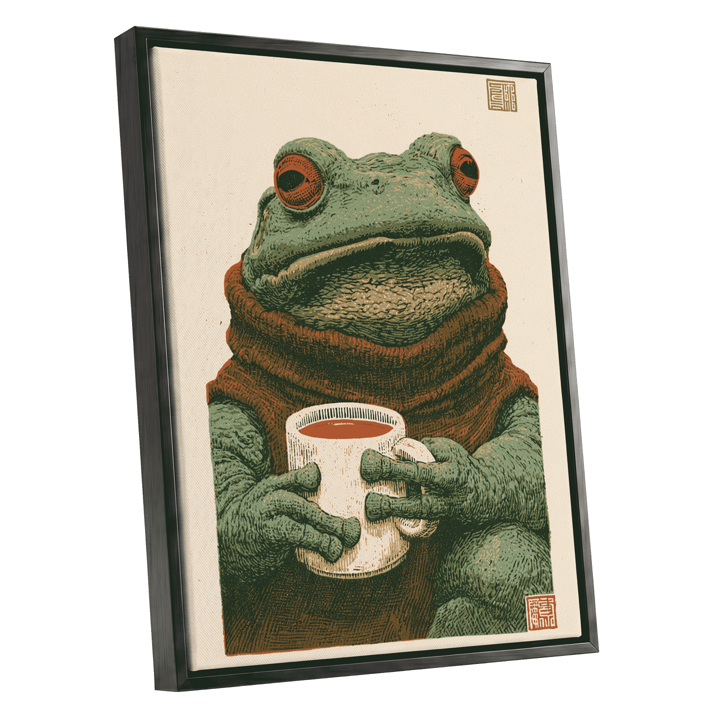 Tea With a Toad, green, beige, brown nature wall art shown as a black framed canvas wall art