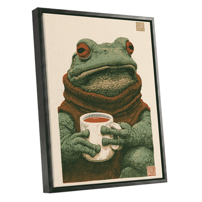 Tea With a Toad, green, beige, brown nature wall art shown as a black framed canvas wall art