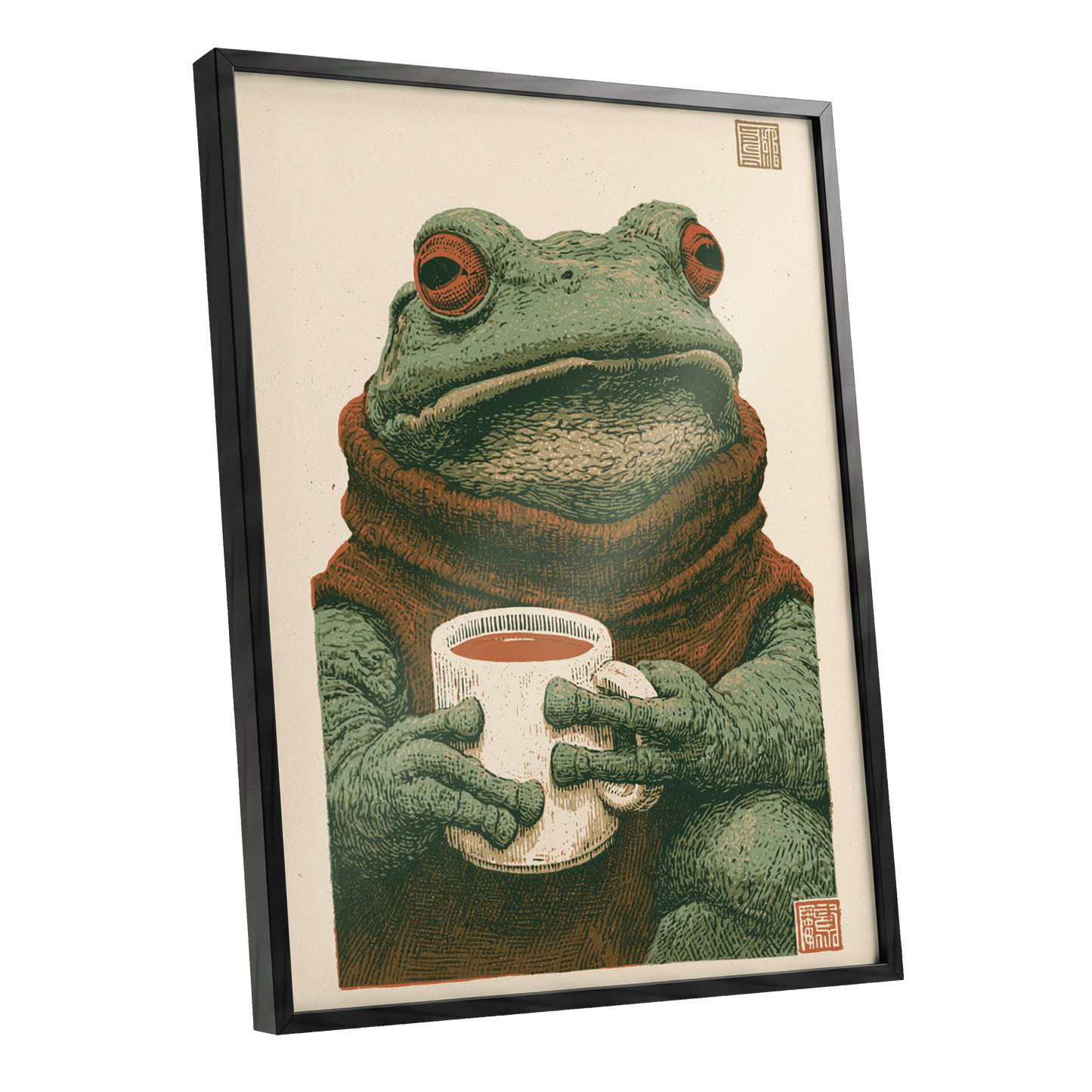 Tea With a Toad, green, beige, brown nature wall art shown as a black framed poster wall art print