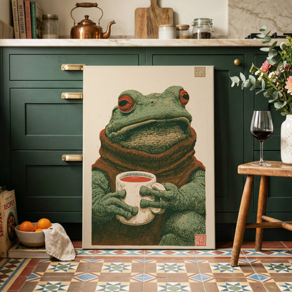 Tea With a Toad, green, beige, brown nature wall art on canvas displayed in a styled interior, gallery view 1