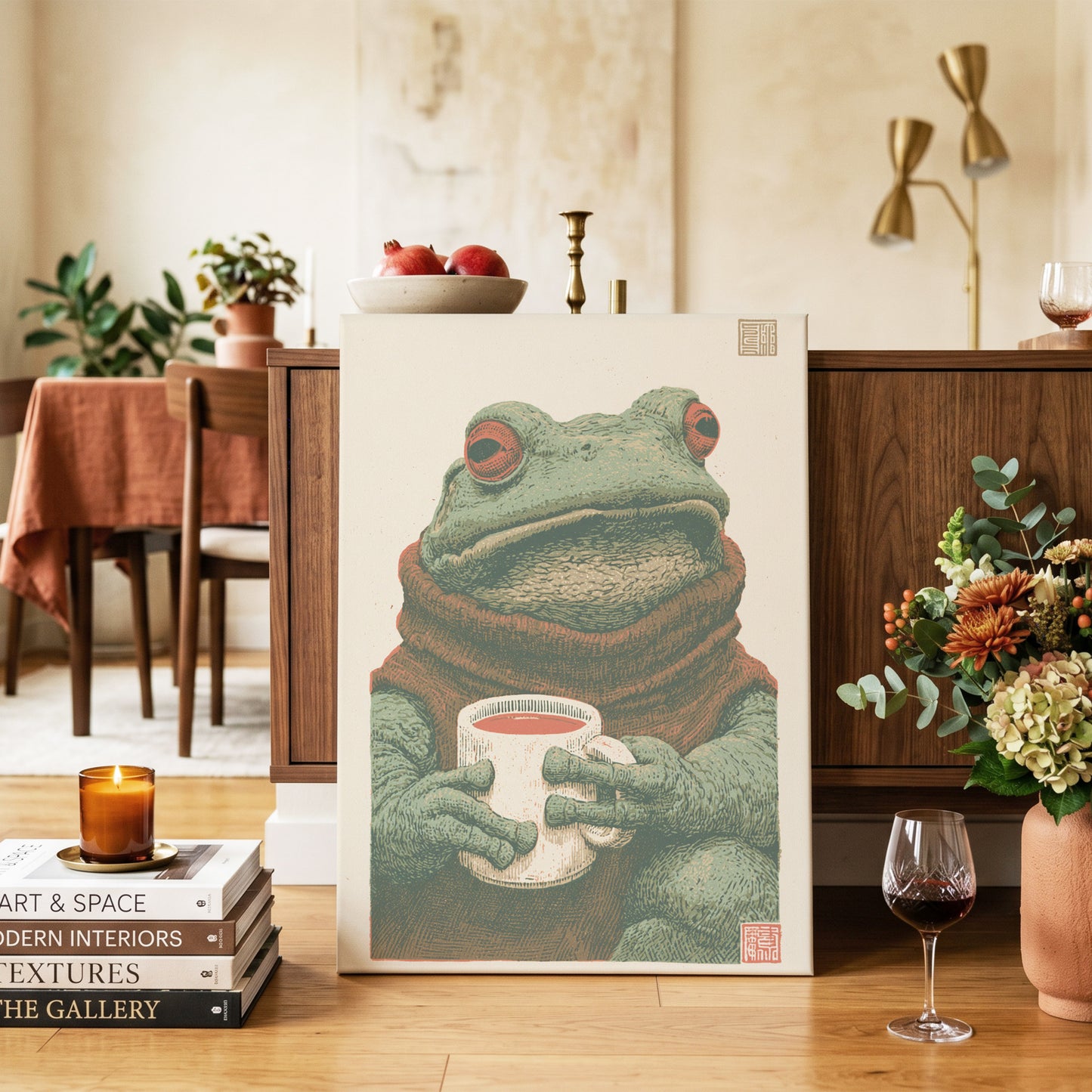 Tea With a Toad, green, beige, brown nature wall art on canvas displayed in a styled interior, gallery view 2