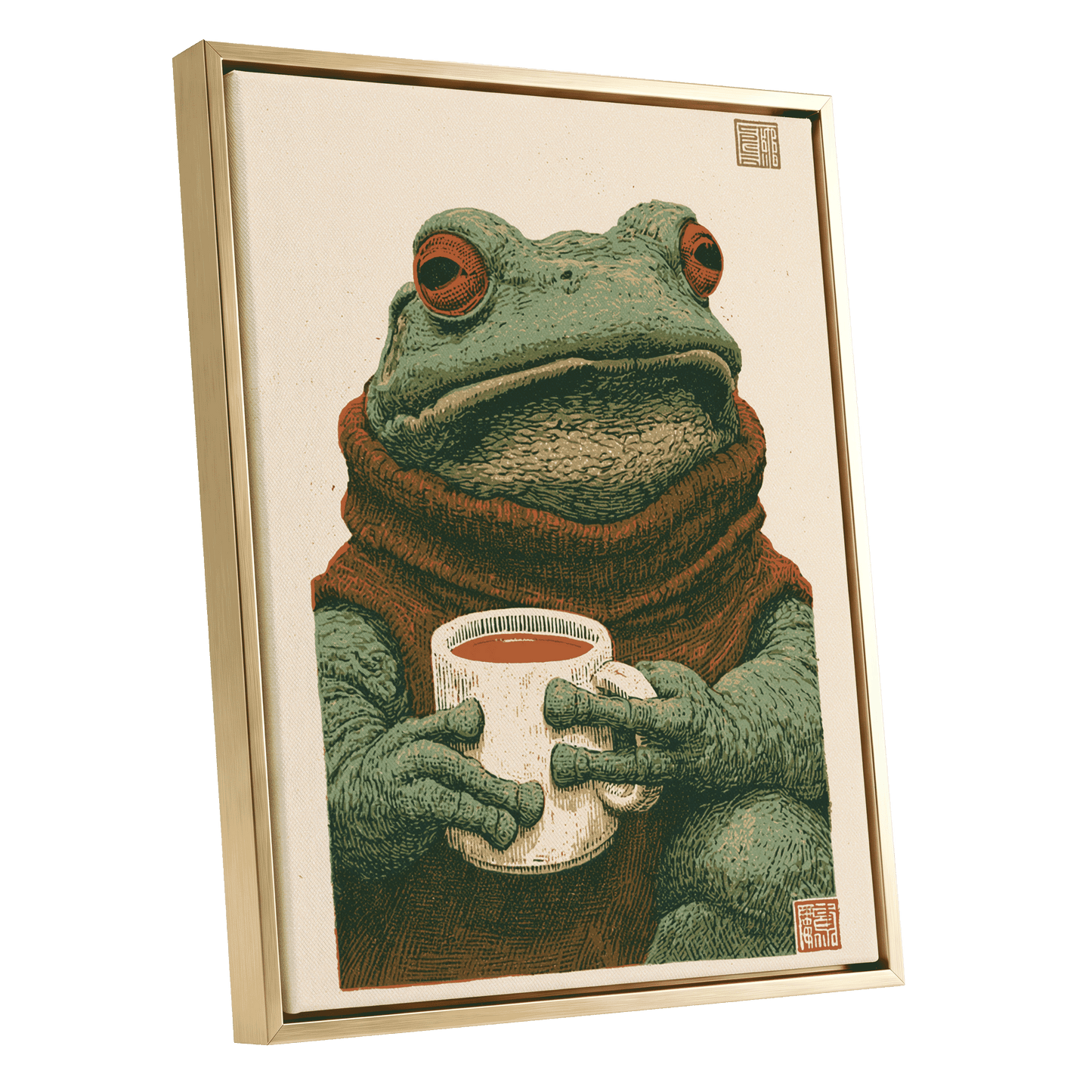 Tea With a Toad, green, beige, brown nature wall art shown as a gold framed canvas wall art