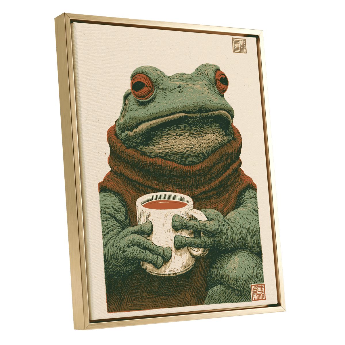 Tea With a Toad, green, beige, brown nature wall art shown as a gold framed canvas wall art