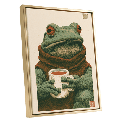 Tea With a Toad, green, beige, brown nature wall art shown as a gold framed canvas wall art