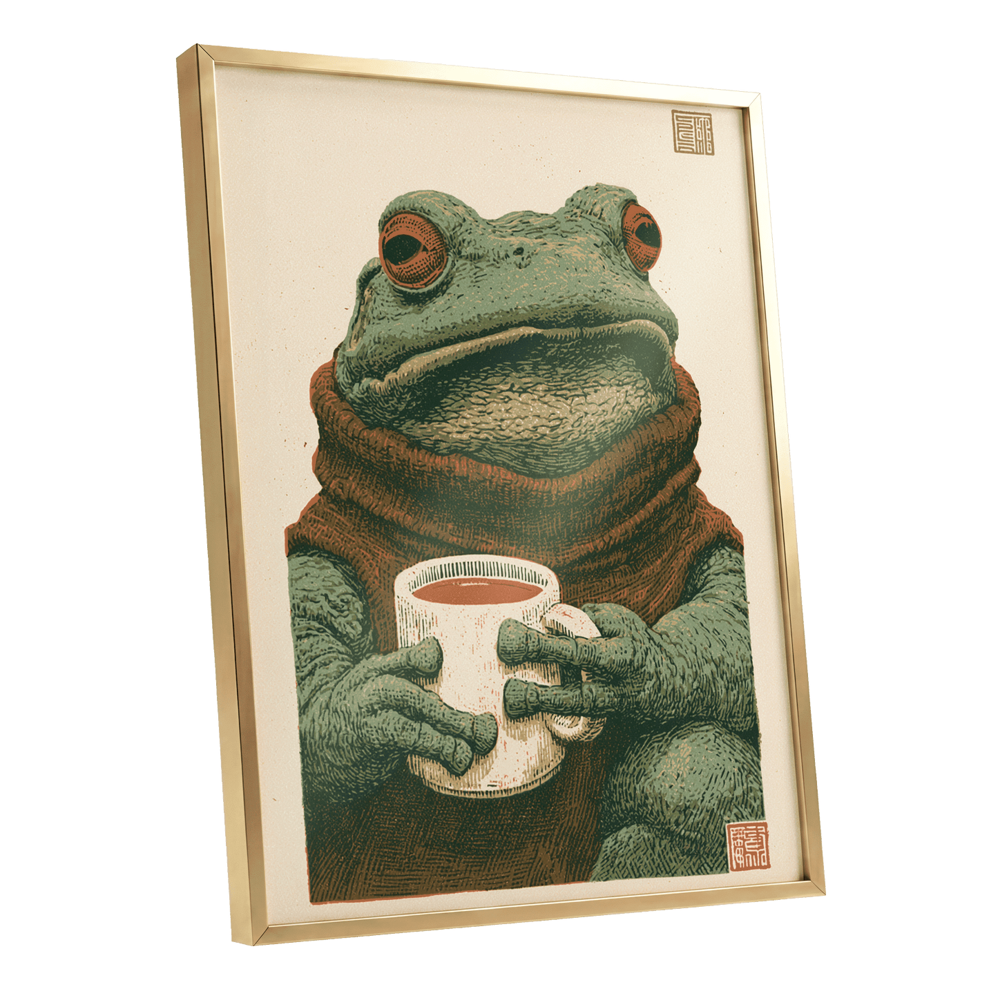 Tea With a Toad, green, beige, brown nature wall art shown as a gold framed poster wall art print