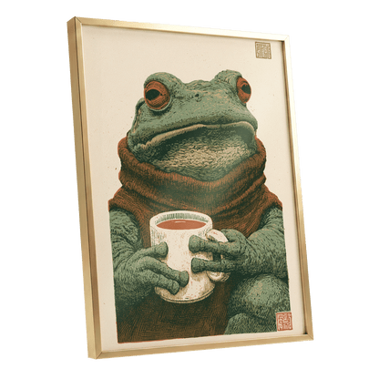 Tea With a Toad, green, beige, brown nature wall art shown as a gold framed poster wall art print