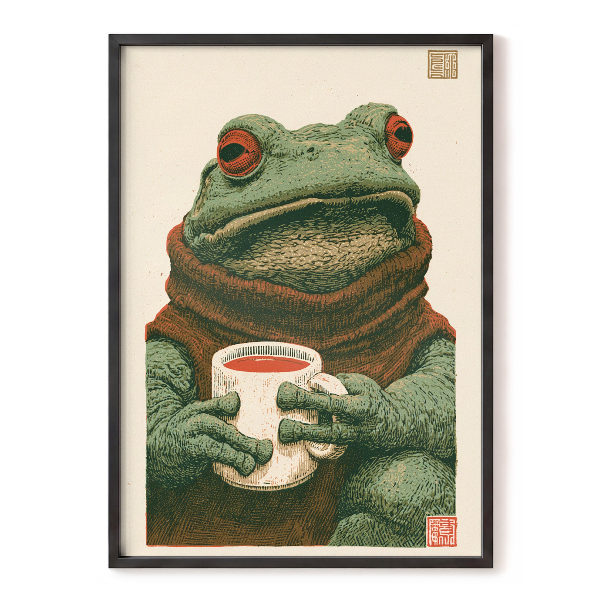 Tea With a Toad, green, beige, brown nature wall art, front artwork view
