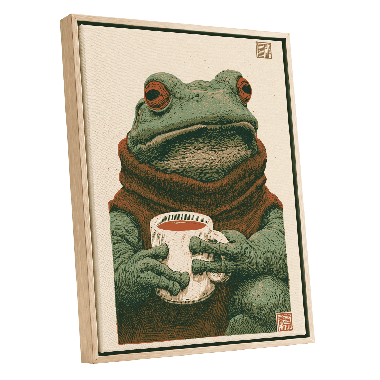 Tea With a Toad, green, beige, brown nature wall art shown as a oak framed canvas wall art