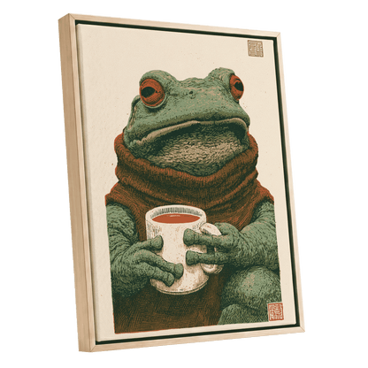 Tea With a Toad, green, beige, brown nature wall art shown as a oak framed canvas wall art