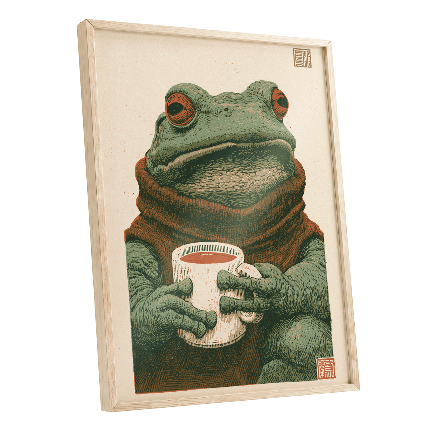 Tea With a Toad, green, beige, brown nature wall art shown as a oak framed poster wall art print