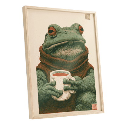Tea With a Toad, green, beige, brown nature wall art shown as a oak framed poster wall art print
