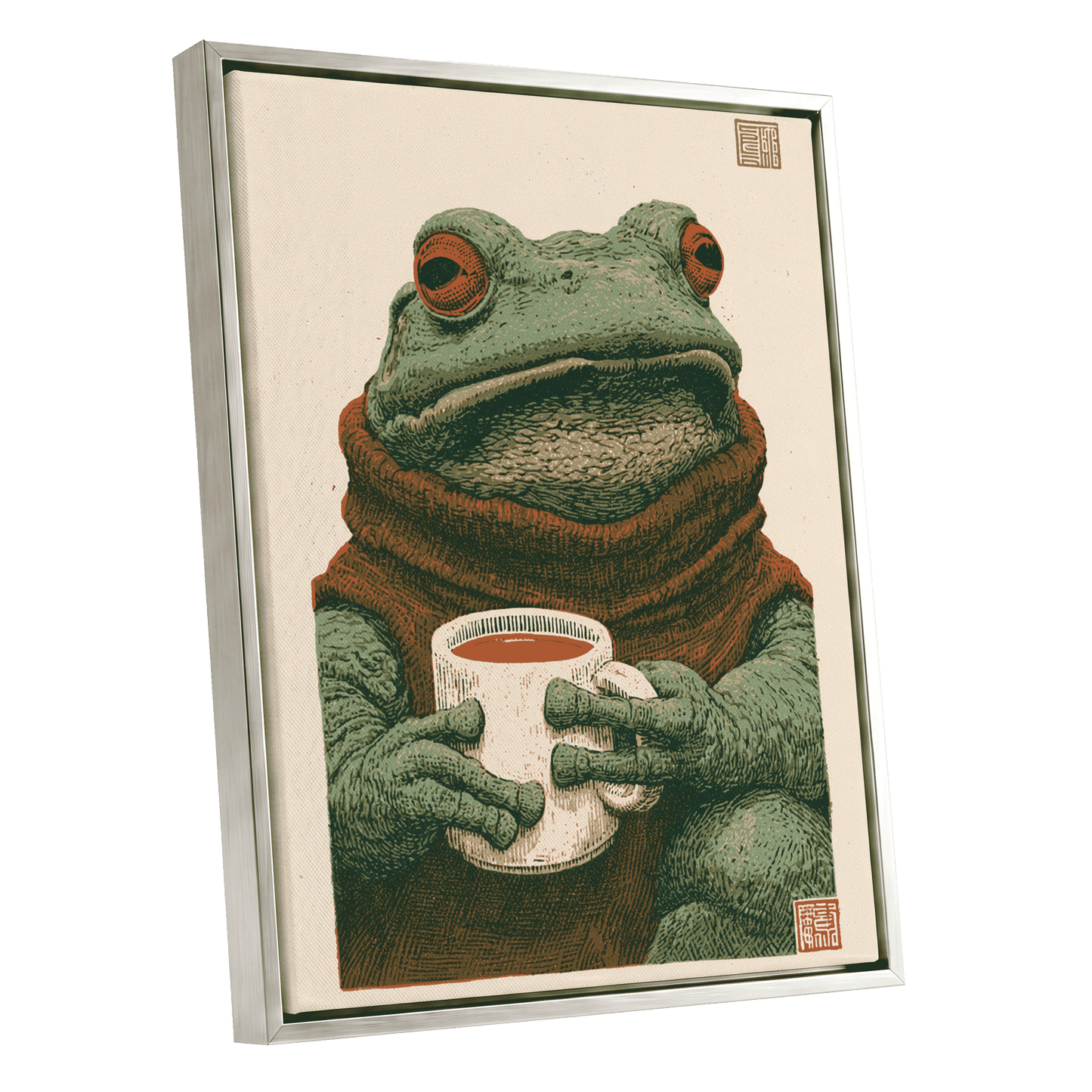Tea With a Toad, green, beige, brown nature wall art shown as a silver framed canvas wall art