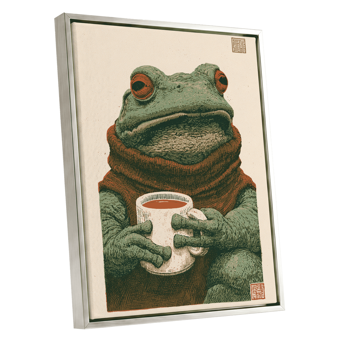 Tea With a Toad, green, beige, brown nature wall art shown as a silver framed canvas wall art