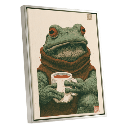 Tea With a Toad, green, beige, brown nature wall art shown as a silver framed canvas wall art