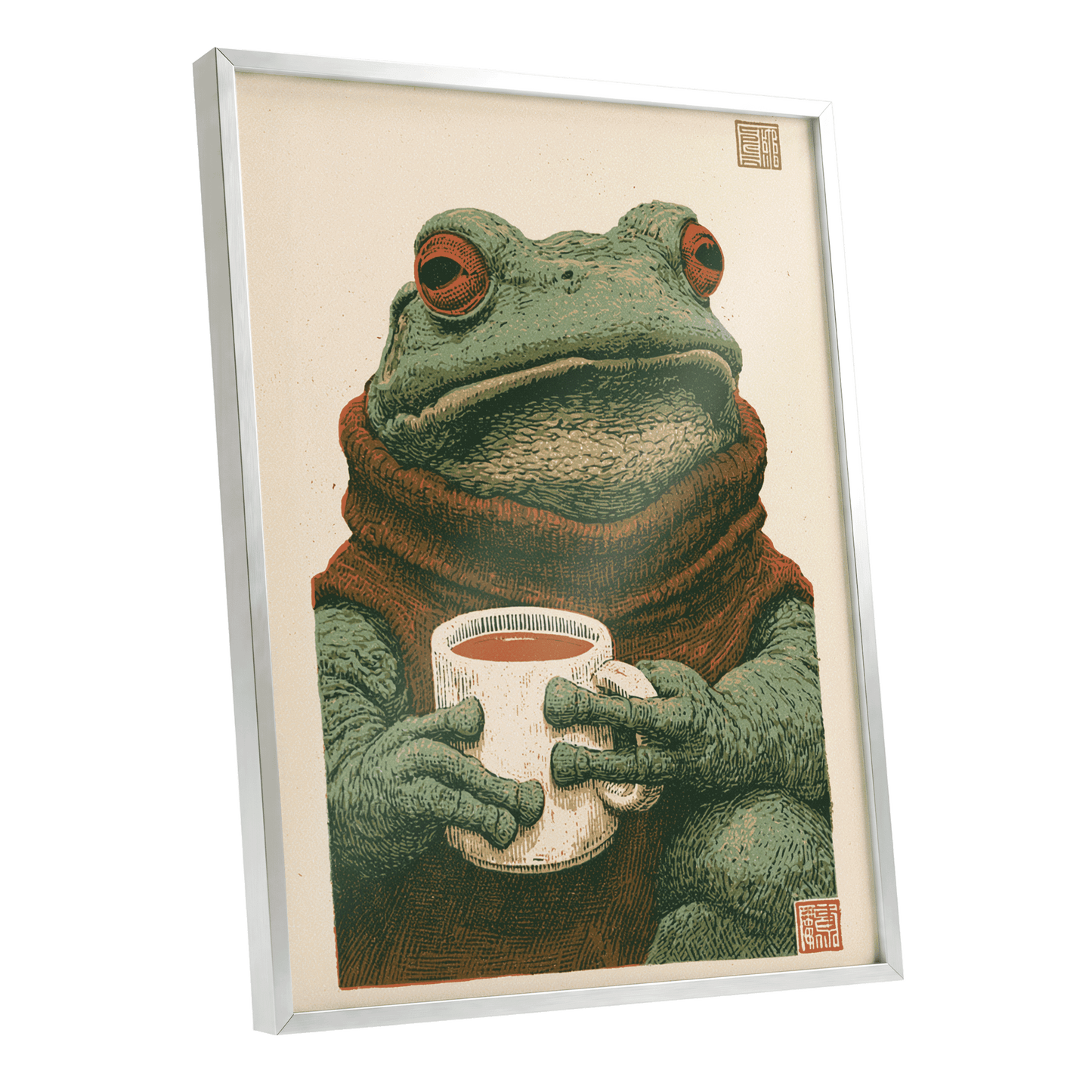 Tea With a Toad, green, beige, brown nature wall art shown as a silver framed poster wall art print